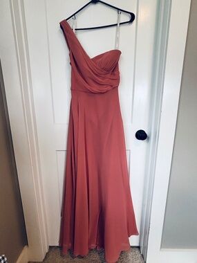 David’s Bridal Chiffon one shoulder dress- Desert Coral